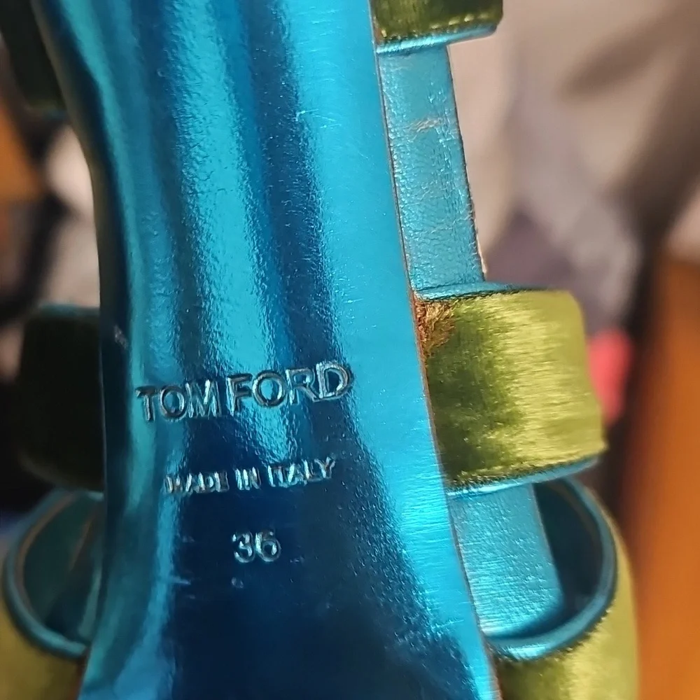 Tom Ford Teal and Lime Green Satin Strappy High Heel Sandals - Picture 10 of 13